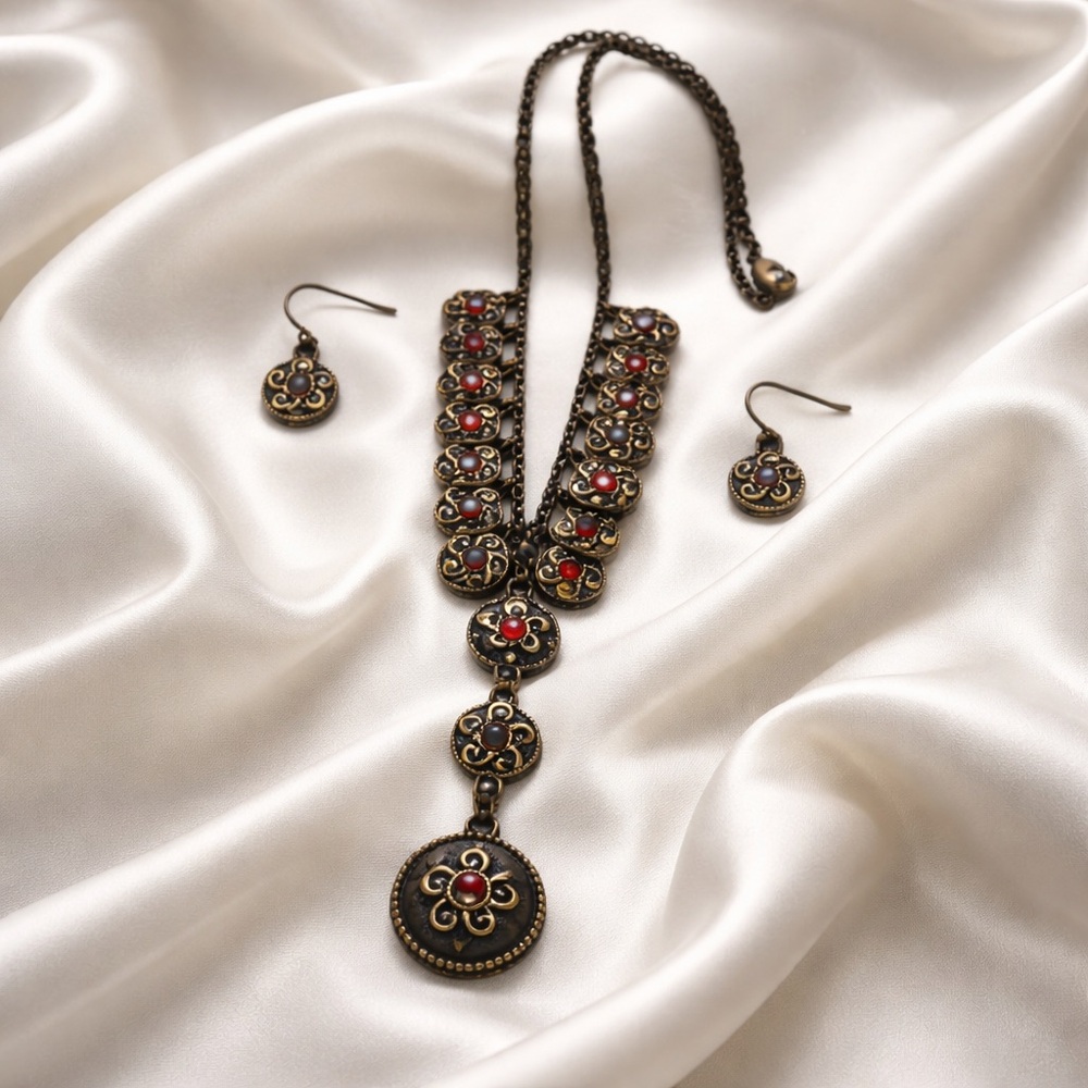 Bronze Swirl and Pink Stone Necklace and Earring Set